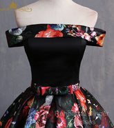 Black Floral Satin Off Shoulder Strapless Long Formal Semi Formal Prom Dress, Evening Dress